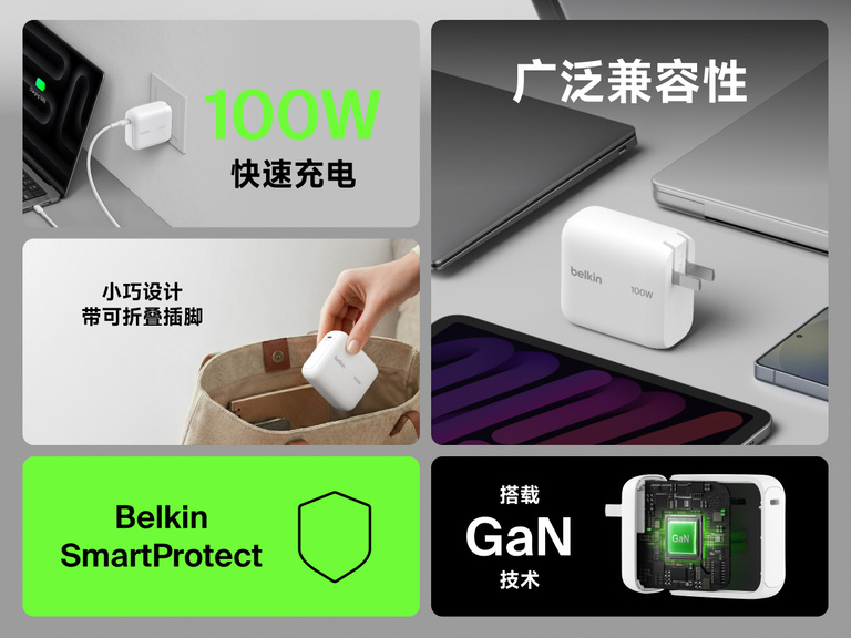 BoostCharge USB-C GaN 100 瓦 壁式充电器功能合集图，展示 100 瓦快速充电、广泛设备兼容性、可折叠插脚、贝尔金 SmartProtect 以及 GaN 技术，带来紧凑高效的充电体验