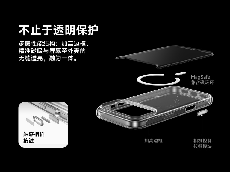 Belkin SheerForce Clear Series Case for iPhone 17 with raised edges, MagSafe-compatible ring, touch-sensitive camera button, and layered clear protection design.