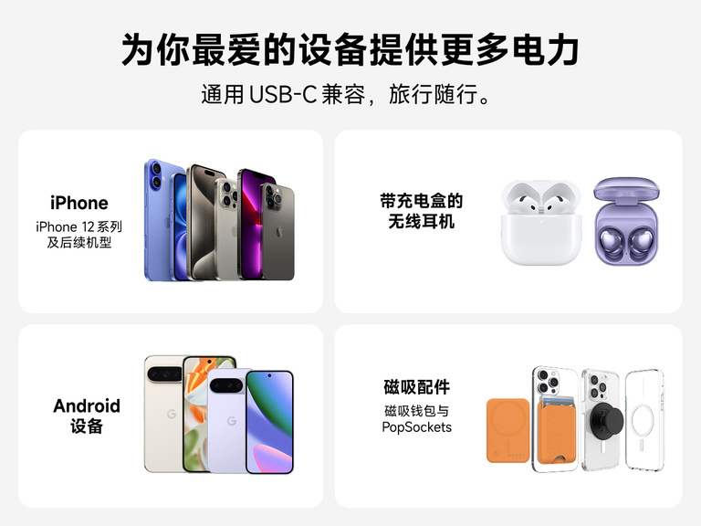 Slim Magnetic Power Bank 10K with Qi2 displayed with smartphones, earbuds, and magnetic accessories demonstrating broad compatibility