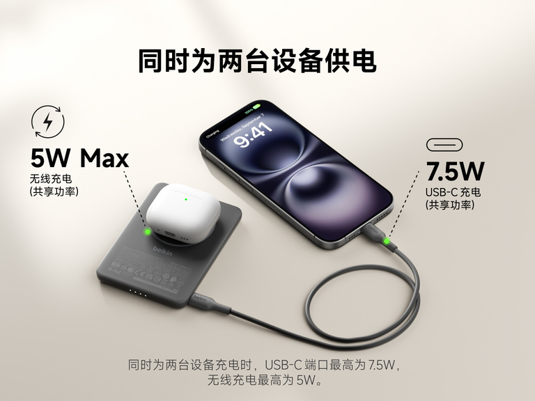 Belkin BoostCharge Slim Magnetic Power Bank 5K shown charging a smartphone via USB-C, highlighting 15W fast charging and dual wired or magnetic wireless power capability.