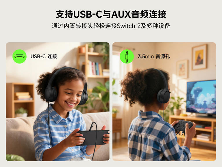 两个孩子正使用贝尔金儿童迷你有线游戏耳机和 Nintendo Switch 2，展示 USB-C 和 3.5 毫米音频插孔连接，可实现灵活、跨设备畅玩体验。