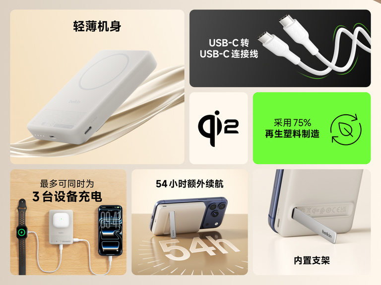 Slim Magnetic Power Bank 10K with Qi2 highlighting slim profile, kickstand support, multi-device charging, and included USB-C cable