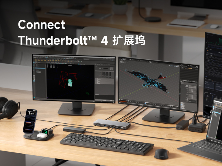 一个 Thunderbolt 4 扩展坞桌面连接场景，将一台笔记本电脑连接到多台外接显示器，屏幕上显示创意与办公应用。