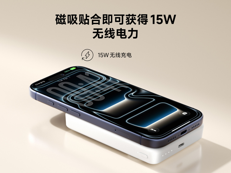 Slim Magnetic Power Bank 10K with Qi2 magnetically attached to smartphone demonstrating wireless charging capability