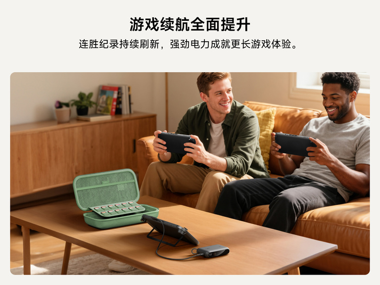 两名男子正在使用 Nintendo Switch 2 游戏机玩游戏，贝尔金游戏充电盒为咖啡桌上的设备充电，展示凭借内置游戏卡收纳和充电功能来延长游戏时间。