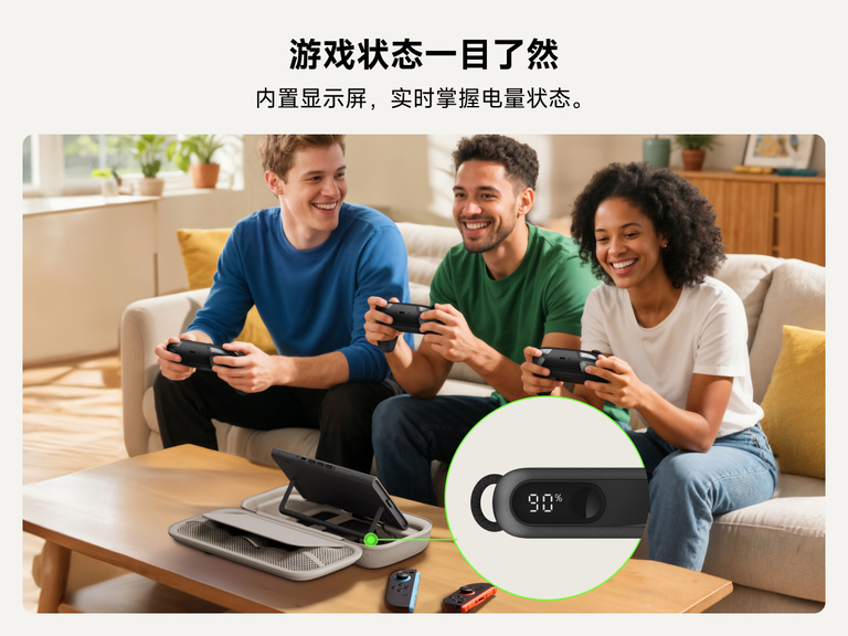 一群好友正在使用 Nintendo Switch 2 玩游戏，而贝尔金游戏充电盒在为游戏机供电，内置数字显示屏的特写显示电池电量为 90%。