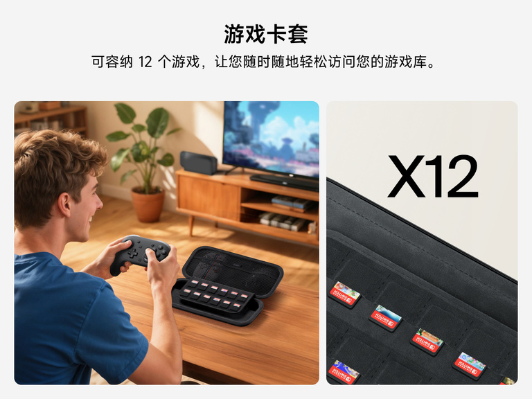 男子用游戏手柄玩游戏，身旁放在贝尔金 Nintendo Switch 2 游戏旅行盒，其内置一个收纳包，最多可容纳 12 张游戏卡，方便取用。