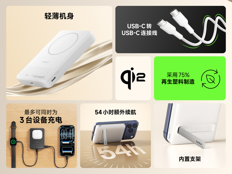 Slim Magnetic Power Bank 10K with Qi2 highlighting slim profile, kickstand support, multi-device charging, and included USB-C cable