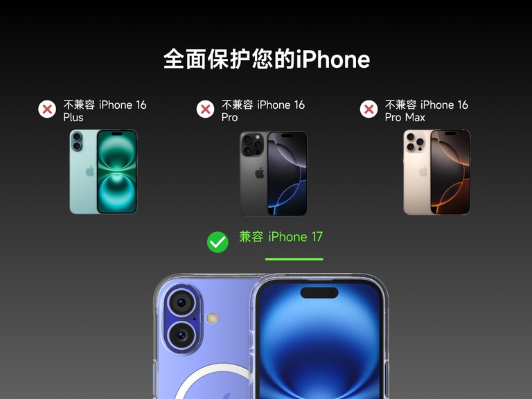 SheerForce&trade; 磁吸式 iPhone 保护壳的兼容性指南。图像突出显示了该保护壳与 iPhone 16 兼容（标有绿色对勾），但与 iPhone 16 Plus、iPhone 16 Pro 或 iPhone 16 Pro Max 不兼容（均标有红色 X）。图中展示了不同的 iPhone 型号，直观呈现兼容性限制。
