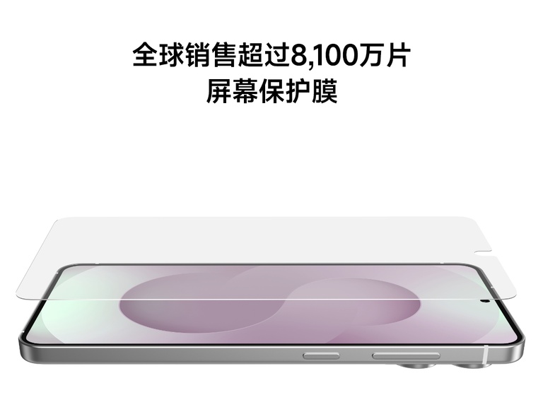图片显示 Samsung Galaxy S25 Edge 手机已贴屏幕保护膜，突出显示已售出超过 8100 万张屏幕保护膜。