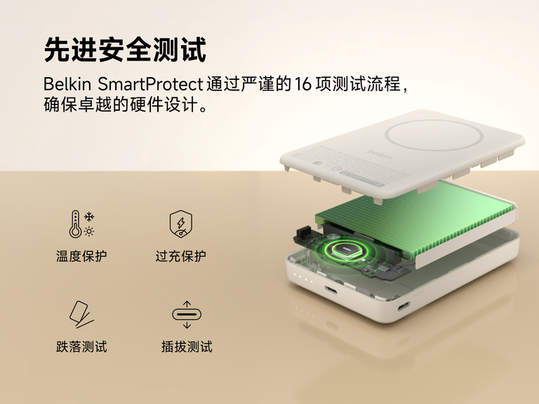 Slim Magnetic Power Bank 10K with Qi2 internal components exposed highlighting thermal control and safety protection features