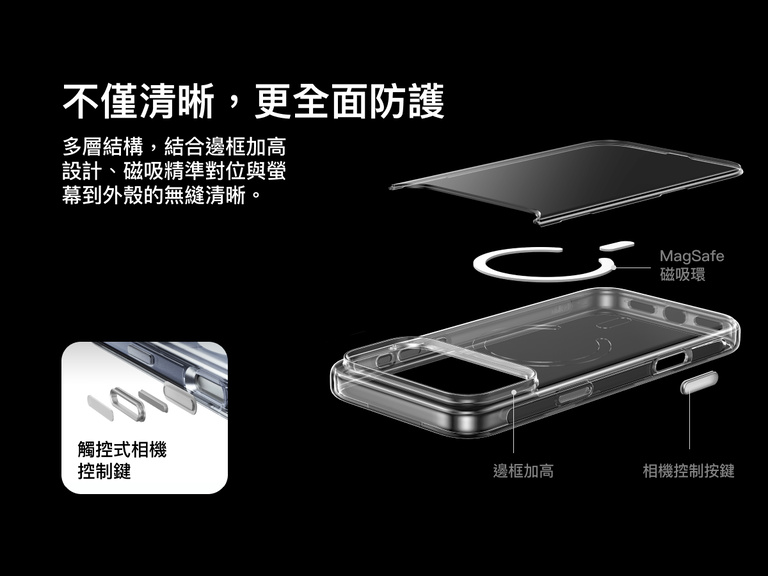 Belkin SheerForce Clear Series Case for iPhone 17 with raised edges, MagSafe-compatible ring, touch-sensitive camera button, and layered clear protection design.