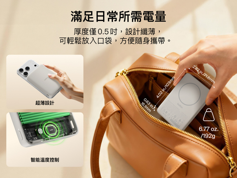 Belkin BoostCharge 纖薄磁吸行動電源 10K 展示 0.5 吋纖薄外型可輕鬆放入包中，強調便攜設計和智能溫度監測技術