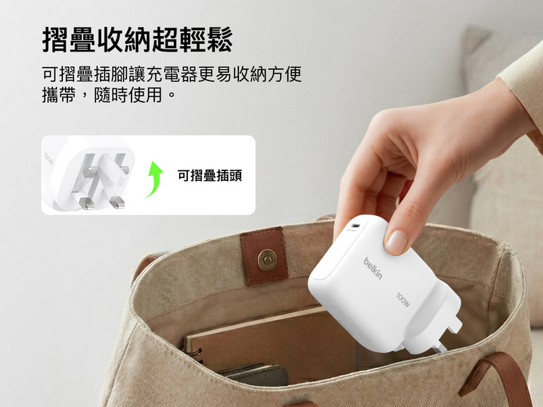 BoostCharge USB-C GaN 充電器 100W 配備摺疊式插頭並採用輕巧便攜的設計，可放入旅行袋中，方便日常外出充電