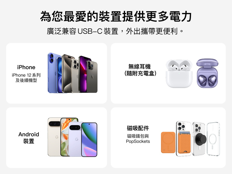 Slim Magnetic Power Bank 10K with Qi2 displayed with smartphones, earbuds, and magnetic accessories demonstrating broad compatibility