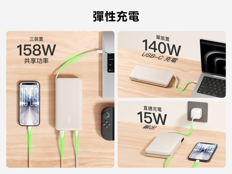 Belkin UltraCharge Pro Laptop Power Bank 25K demonstrating flexible charging with up to 158W shared output, 140W single-device USB-C charging, and pass-through charging capability