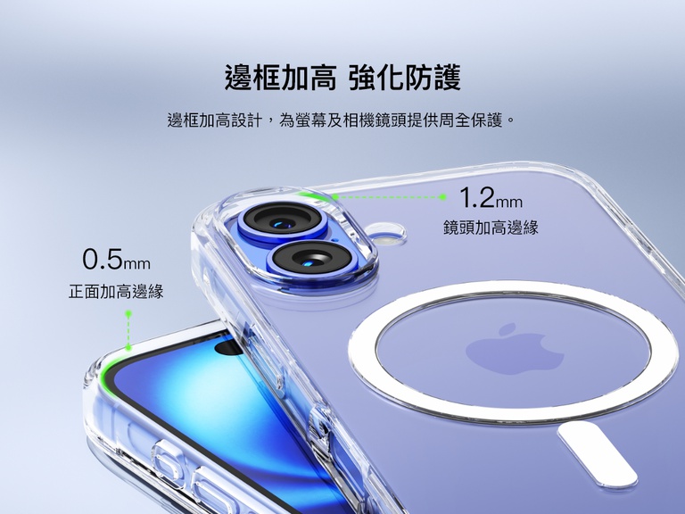 SheerForce&trade; 磁吸 iPhone 手機保護殼的特寫畫面，突顯加強保護力的凸起邊緣設計。影像顯示 1.2 毫米相機凸起邊緣以及 0.5 毫米正面凸起邊緣，專為保護螢幕和相機鏡頭而設計，可避免刮花和撞擊造成損壞。透明手機保護殼保留了手機外觀，又能提供可靠防護。