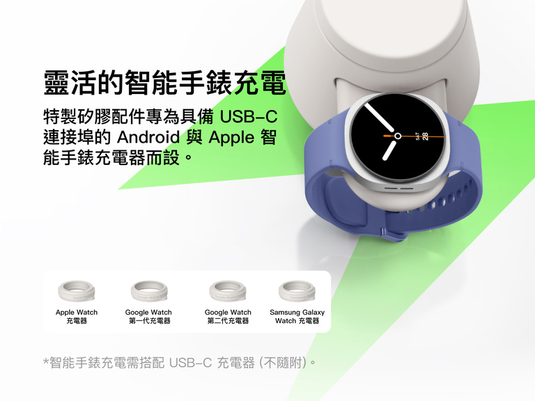 Belkin UltraCharge Qi2 模組充電座 25W 配備多款可更換的 USB-C 配件，適用於 Apple Watch、Google Watch 和 Samsung Galaxy Watch，提供靈活的智能手錶充電體驗。