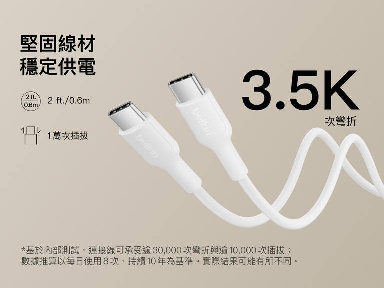 Belkin BoostCharge Slim Magnetic Power Bank 5K shown with durable USB-C to USB-C cable designed for 3,500+ bends and reliable long-lasting charging performance.