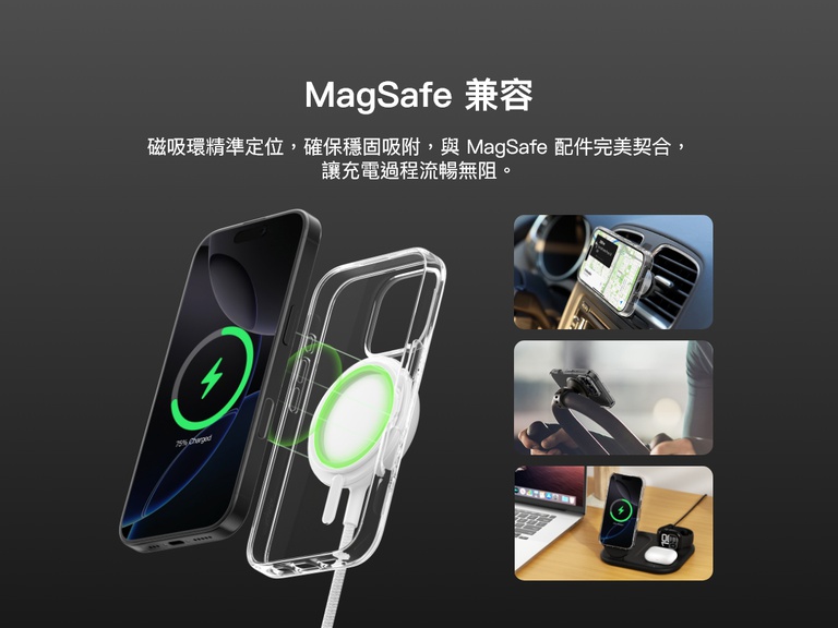 宣傳影像顯示 SheerForce&trade; 磁吸 iPhone 手機保護殼的 MagSafe 兼容性。影像突顯手機保護殼如何安全地固定於 MagSafe 配件上，包括車用支架、手機充電座和無線充電底座，確保提供暢順而有效的充電體驗。透明手機保護殼內置磁吸環，可強力對準吸附 MagSafe 裝置。