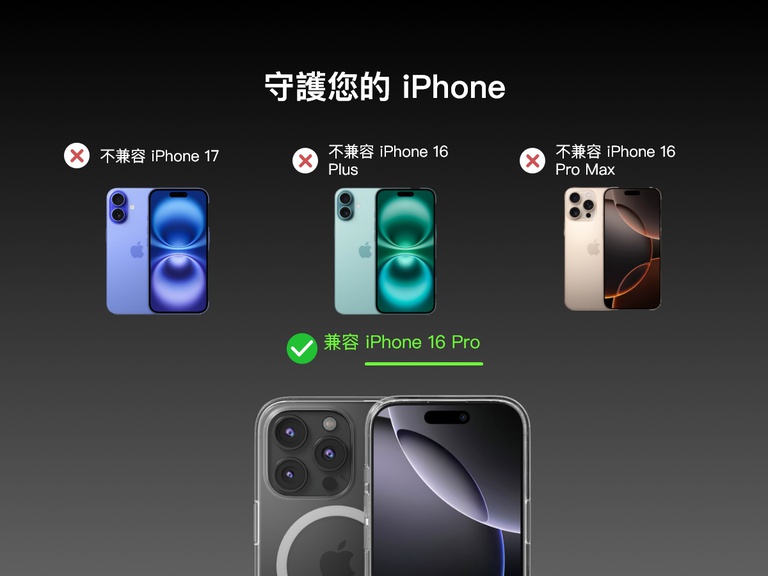 SheerForce&trade; 磁吸 iPhone 手機保護殼兼容性指南。影像突顯手機保護殼可與 iPhone 16 (以綠色剔號表示) 兼容，但無法與 iPhone 16 Plus、iPhone 16 Pro 或 iPhone 16 Pro Max (分別以紅色 X 符號表示) 兼容。顯示各 iPhone 型號，以視覺方式呈現兼容性限制。