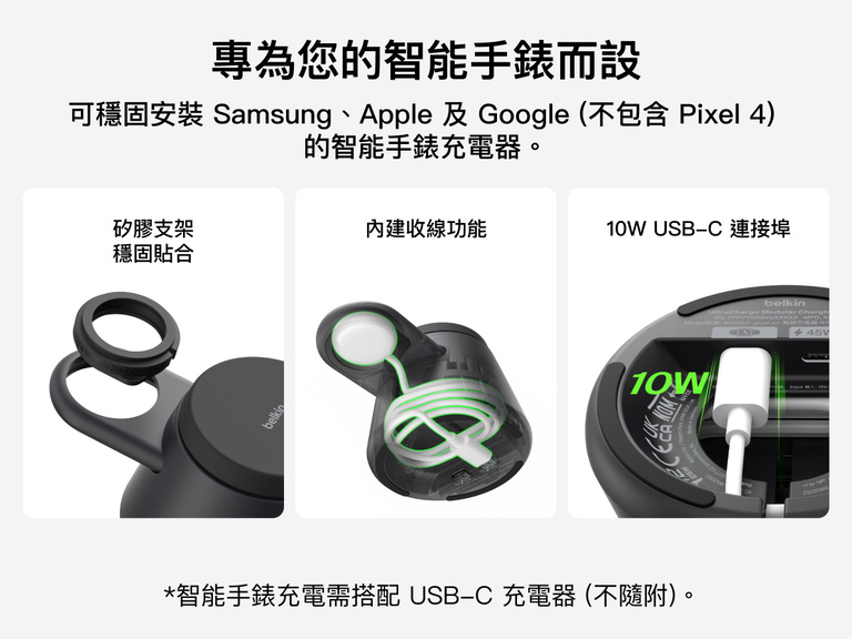 Belkin UltraCharge Qi2 模組充電座 25W 展示智能手錶矽膠配件、內置收線功能和 10W USB-C 連接埠，為兼容的 Apple、Google 和 Samsung 智能手錶充電器提供靈活的充電體驗。
