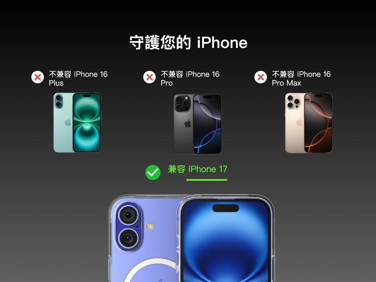 SheerForce&trade; 磁吸 iPhone 手機保護殼兼容性指南。影像突顯手機保護殼可與 iPhone 16 (以綠色剔號表示) 兼容，但無法與 iPhone 16 Plus、iPhone 16 Pro 或 iPhone 16 Pro Max (分別以紅色 X 符號表示) 兼容。顯示各 iPhone 型號，以視覺方式呈現兼容性限制。