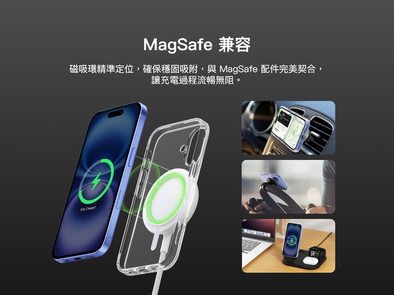 宣傳影像顯示 SheerForce&trade; 磁吸 iPhone 手機保護殼的 MagSafe 兼容性。影像突顯手機保護殼如何安全地固定於 MagSafe 配件上，包括車用支架、手機充電座和無線充電底座，確保提供暢順而有效的充電體驗。透明手機保護殼內置磁吸環行，可強力對準吸附 MagSafe 裝置。