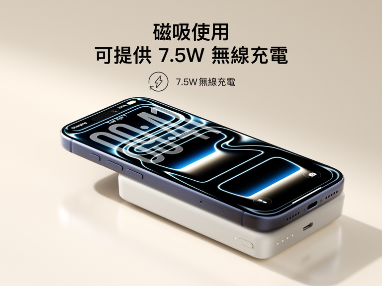Belkin BoostCharge 纖薄磁吸行動電源 10K 磁吸貼合在智能手機上，透過其纖薄便攜的設計提供 7.5W 無線充電功能