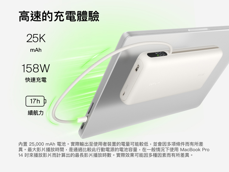 Belkin UltraCharge Pro Laptop Power Bank 25K delivering up to 158W fast charging with integrated USB-C cable connected to a laptop, 25,000 mAh capacity and digital display