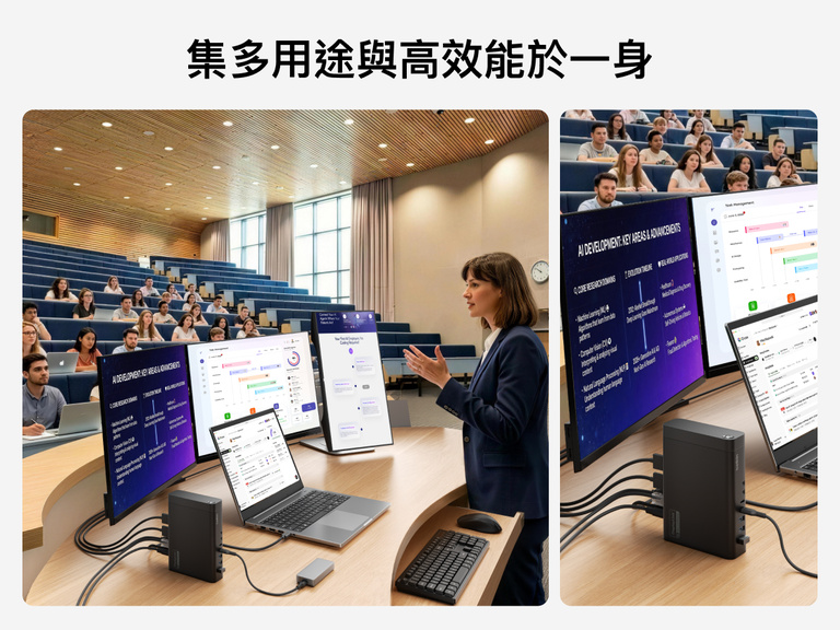 Presenter using a USB-C docking station to connect a laptop to multiple displays in a classroom setting, alongside a close-up of the dock connected to monitors and peripherals, demonstrating versatile, multi-device connectivity.