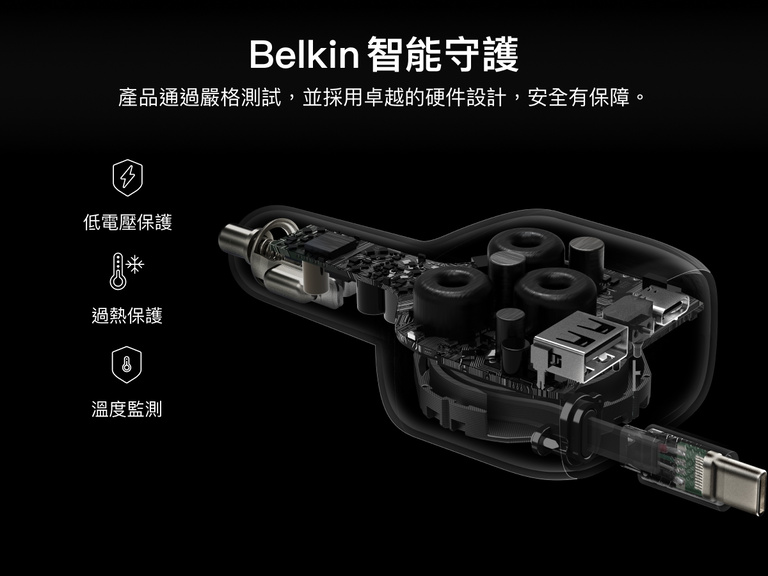 Image of the Belkin BoostCharge Retractable Car Charger 75W with Belkin SmartProtect technology, featuring under-voltage protection, overheat protection, and temperature monitoring for safe charging.