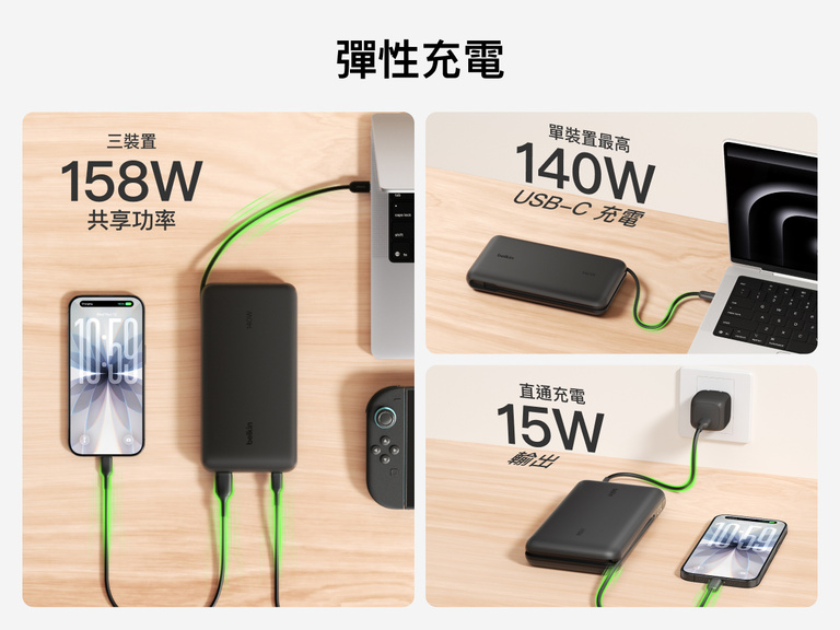 Belkin UltraCharge Pro Laptop Power Bank 25K demonstrating flexible charging with up to 158W shared output, 140W single-device USB-C charging, and pass-through charging capability