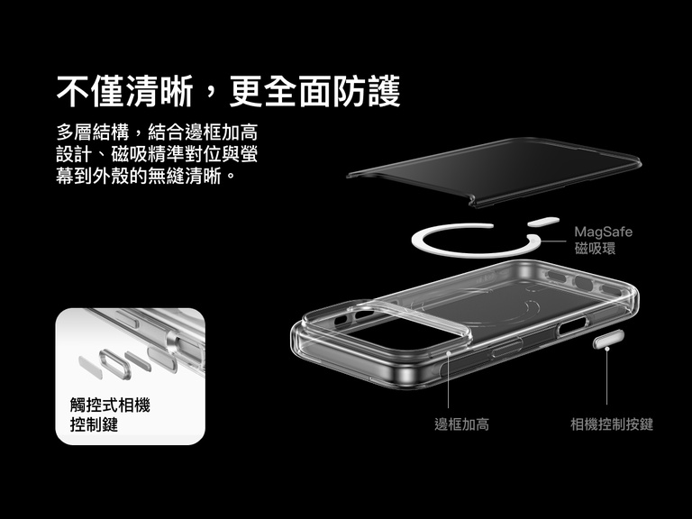 Belkin SheerForce Clear Series Case for iPhone 17 with raised edges, MagSafe-compatible ring, touch-sensitive camera button, and layered clear protection design.