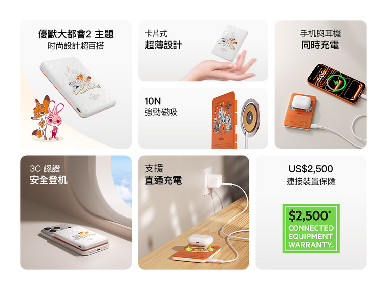 Belkin BoostCharge Slim Magnetic Power Bank 5K shown highlighting key features including secure magnetic ring, ultra-slim design, USB-C to USB-C cable, dual device charging, recycled materials, and pass-through charging capability.