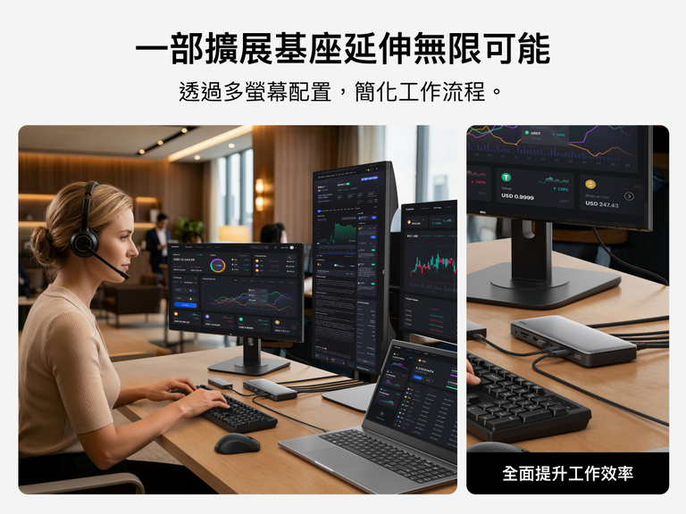 一個 Thunderbolt 4 擴展基座配置，支援多部外接顯示器，顯示手提電腦連接多部螢幕以進行多工處理並提升工作效率。