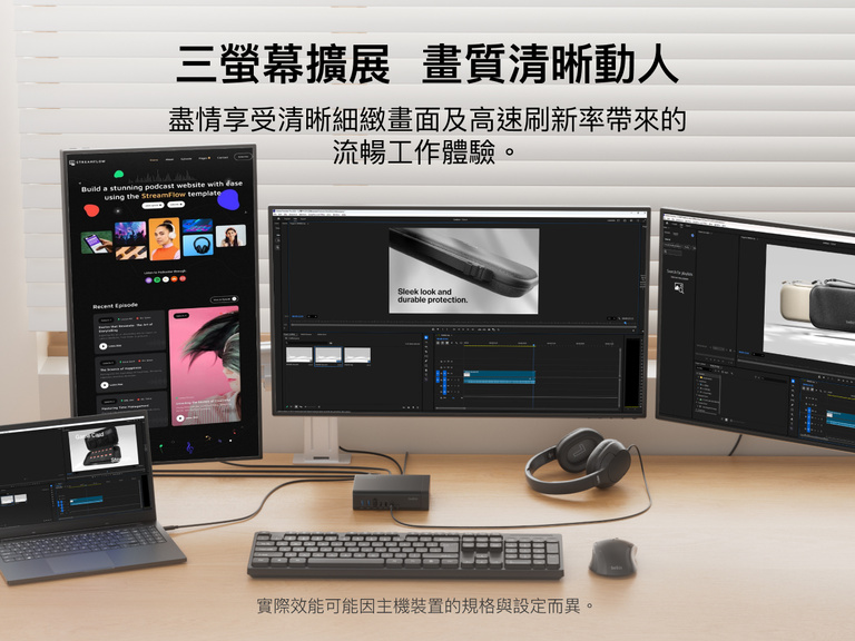 Triple display workspace setup showing a laptop connected to a USB-C dock and three monitors with creative and productivity applications, highlighting clear visuals and smooth performance.