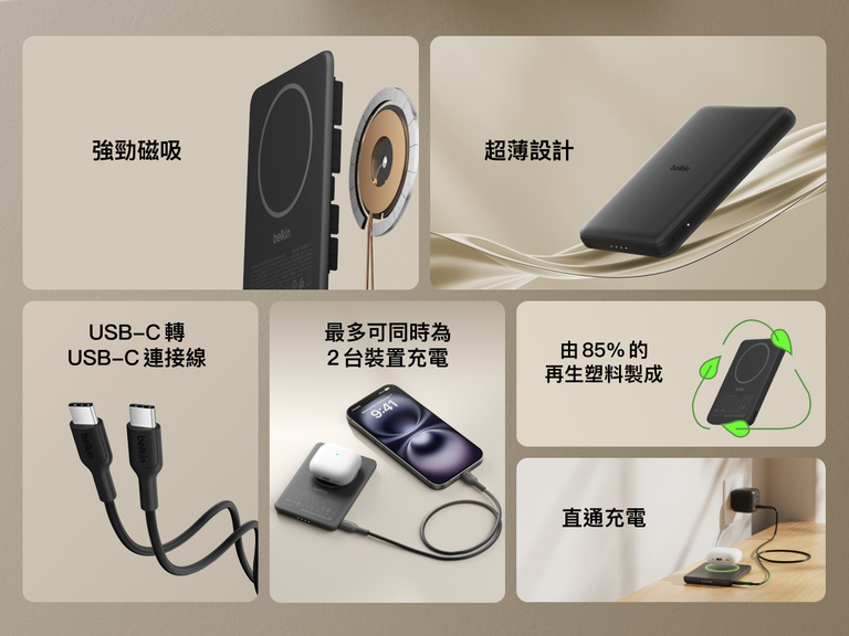 Belkin BoostCharge Slim Magnetic Power Bank 5K shown highlighting key features including secure magnetic ring, ultra-slim design, USB-C to USB-C cable, dual device charging, recycled materials, and pass-through charging capability.