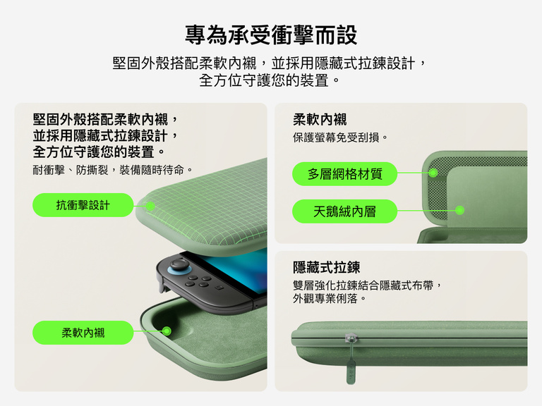 Belkin Gaming Nintendo Switch 2 專用便攜包採用堅固外殼、柔軟絨面和織網內層，並設有隱藏式拉鏈，經久耐用，不但提供保護，時尚設計更方便手拿攜帶。