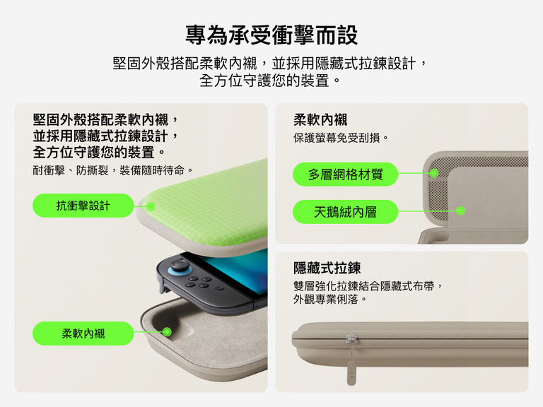 Belkin Gaming Nintendo Switch 2 專用便攜包採用堅固外殼、柔軟絨面和織網內層，並設有隱藏式拉鏈，經久耐用，不但提供保護，時尚設計更方便手拿攜帶。