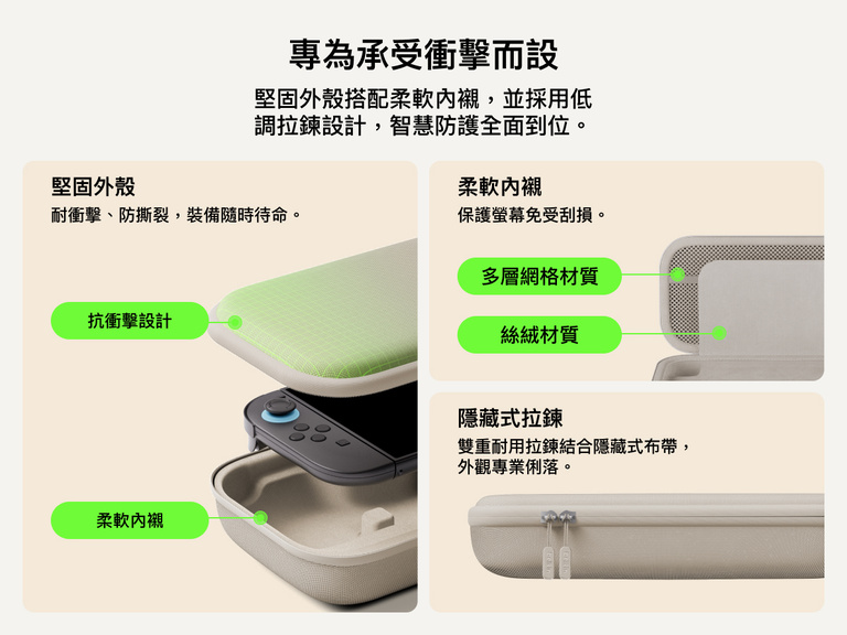 Belkin Gaming Nintendo Switch 2 專用充電收納盒採用耐衝擊外殼、柔軟絨面內層、多層網袋和隱藏式拉鏈，經久耐用，更方便出行攜帶。