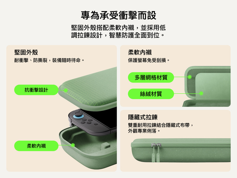 Belkin GamingNintendo Switch 2 專用充電收納盒採用耐衝擊外殼、柔軟絨面內層、多層網袋和隱藏式拉鏈，經久耐用，更方便出行攜帶。
