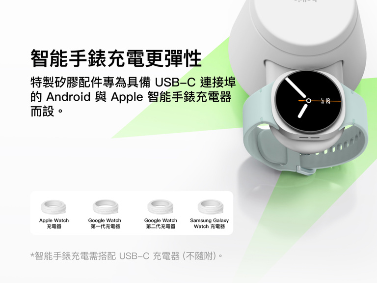 Belkin UltraCharge Qi2 模組充電座 25W 配備多款可更換的 USB-C 配件，適用於 Apple Watch、Google Watch 和 Samsung Galaxy Watch，提供靈活的智能手錶充電體驗。