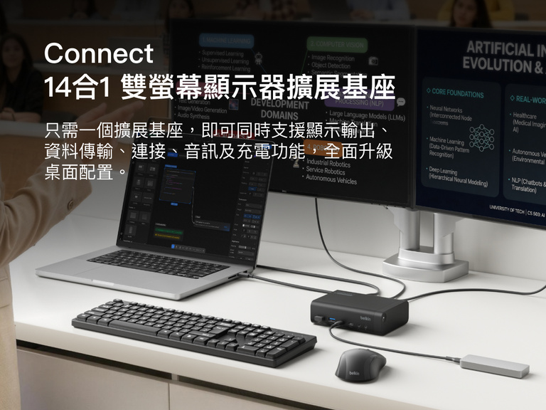 Universal 14-Port Dual Display USB-C Dock connected to laptop and dual monitors in a desk setup for multitasking