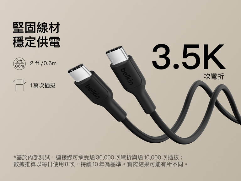 Belkin BoostCharge Slim Magnetic Power Bank 5K shown with durable USB-C to USB-C cable designed for 3,500+ bends and reliable long-lasting charging performance.