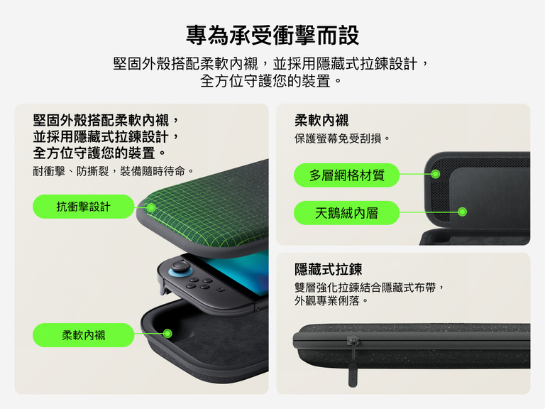 Belkin Gaming Nintendo Switch 2 專用便攜包採用堅固外殼、柔軟絨面和織網內層，並設有隱藏式拉鏈，經久耐用，不但提供保護，時尚設計更方便手拿攜帶。