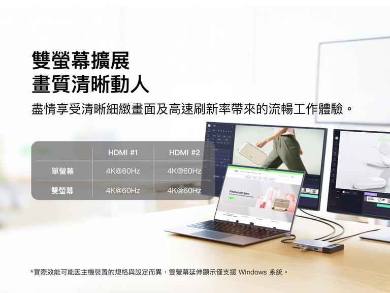 手提電腦透過 Belkin Connect  8合1 雙螢幕顯示器集線器連接兩部外部螢幕，展示雙 4K@60Hz 顯示支援，打造清晰的多螢幕工作空間。