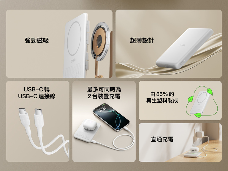 Belkin BoostCharge Slim Magnetic Power Bank 5K shown highlighting key features including secure magnetic ring, ultra-slim design, USB-C to USB-C cable, dual device charging, recycled materials, and pass-through charging capability.