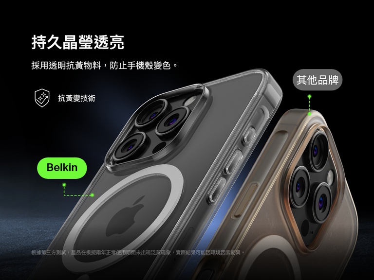 比較影像顯示 Belkin SheerForce&trade; 磁吸 iPhone 手機保護殼的抗黃技術。Belkin 手機保護殼長期使用仍能保持清晰，競爭對手的手機保護殼則已變黃。文字強調持久清晰度和防止變色的特點，確保手機保護殼即使長期使用，仍能保持簇新透明的設計。