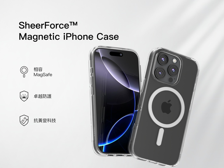 A promotional image of the SheerForce&trade; Magnetic iPhone Case, featuring a clear, MagSafe-compatible design. The case offers anti-yellowing technology and superior protection while maintaining the sleek look of the iPhone. The image highlights key features with icons, including MagSafe compatibility, durability, and long-lasting clarity.